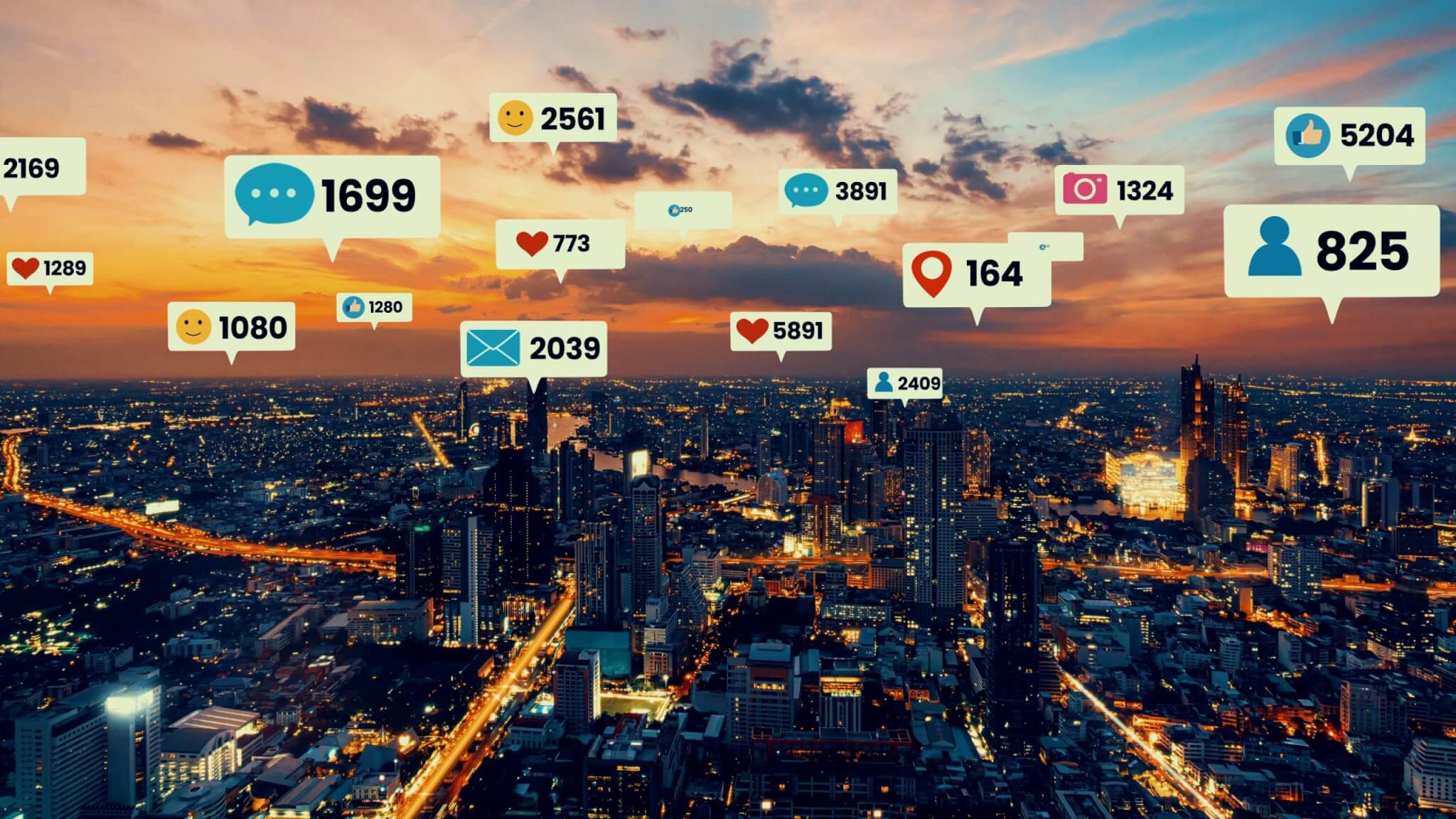 Photo of Social media icons fly over city downtown showing people engagement connection through social network application platform . Concept for online community and social media marketing strategy 
